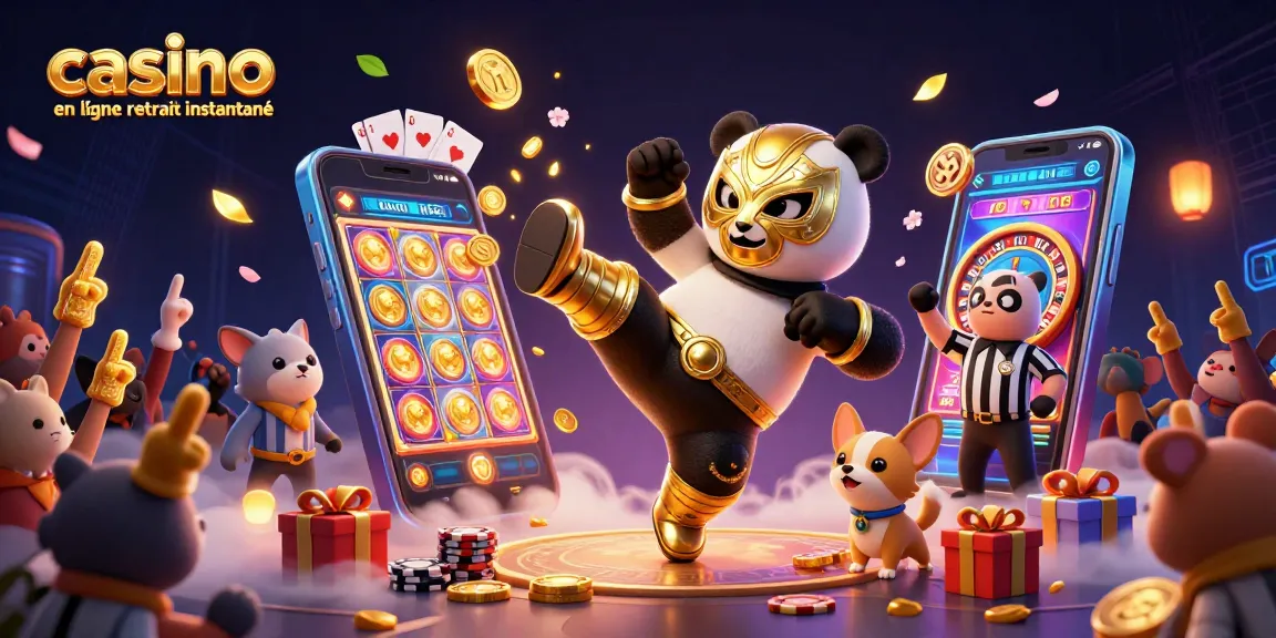Illustration colorée avec un panda lutteur et un chihuahua qualifiant, promotions dans un casino en ligne retrait instantané.