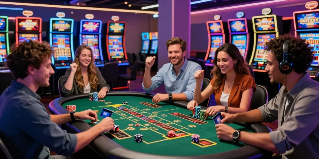 Exciting online casinos that accept credit cards, featuring diverse players enjoying vibrant gameplay and dynamic gaming experiences.