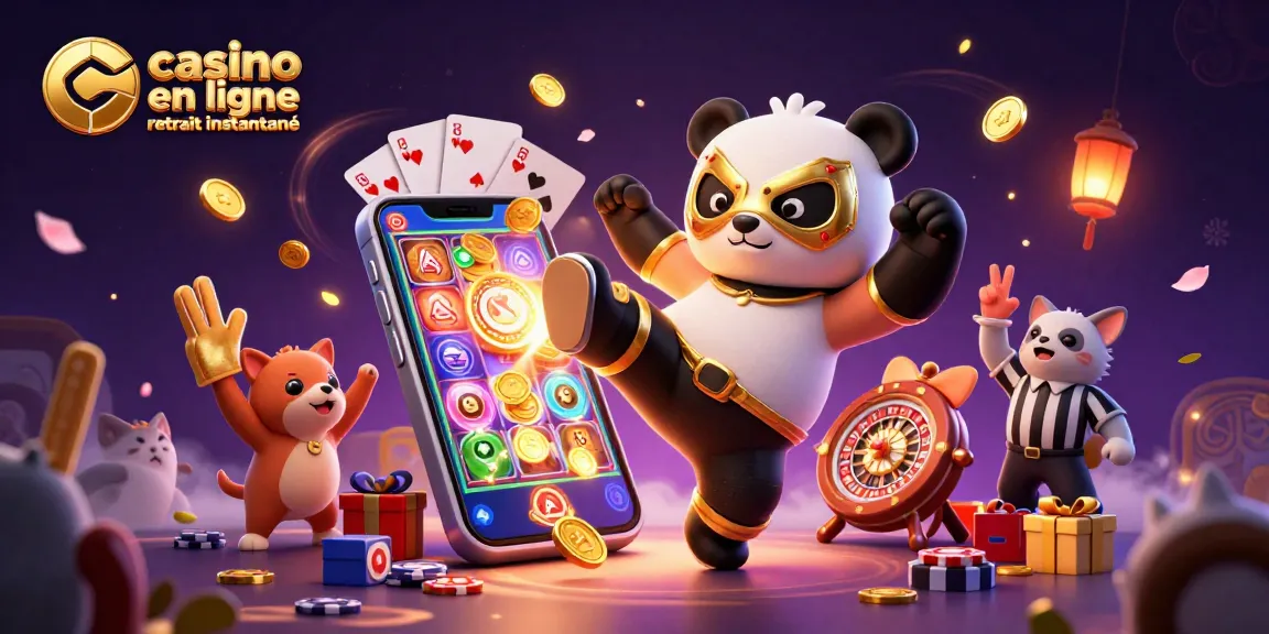 Profitez des gains avec casino en ligne retrait instantané, illustrant un panda lutteur en action.