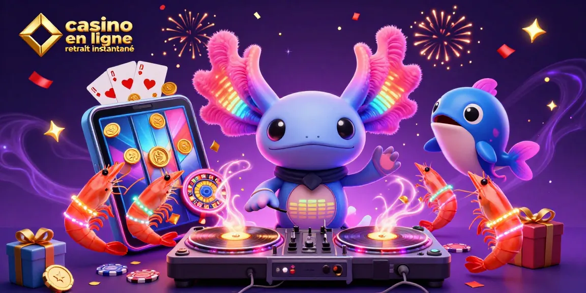 Casino en ligne retrait instantané avec un axolotl DJ et des éléments de jeu colorés