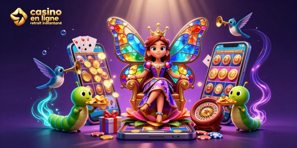 Découvrez l'univers du casino en ligne retrait instantané avec une illustration dynamique de jeux et personnages colorés.