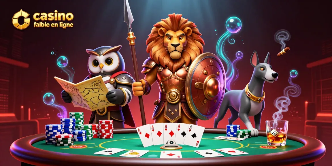 Découvrez une scène captivante de casino fiable en ligne avec un lion spartan et un tableau de poker.