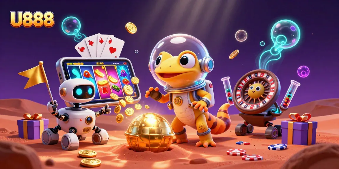 U888 offers thrilling casino experiences with a Martian gecko discovering jackpots and vibrant games.