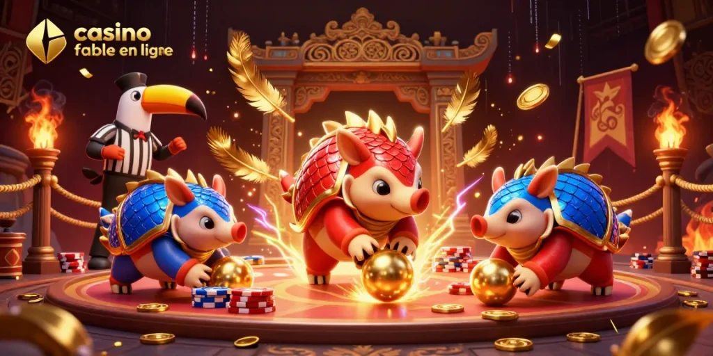 Animation de pangolins rivaux jouant au bowling avec des jetons, illustrant le casino fiable en ligne.