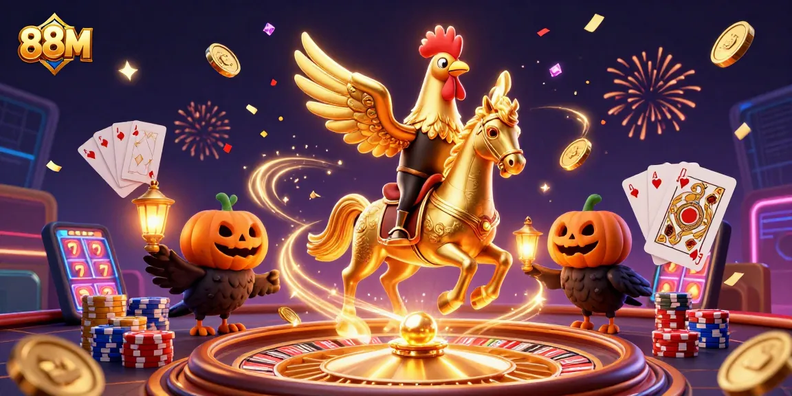 88M offers an exciting casino experience with a golden rooster character amid vivid gambling elements.