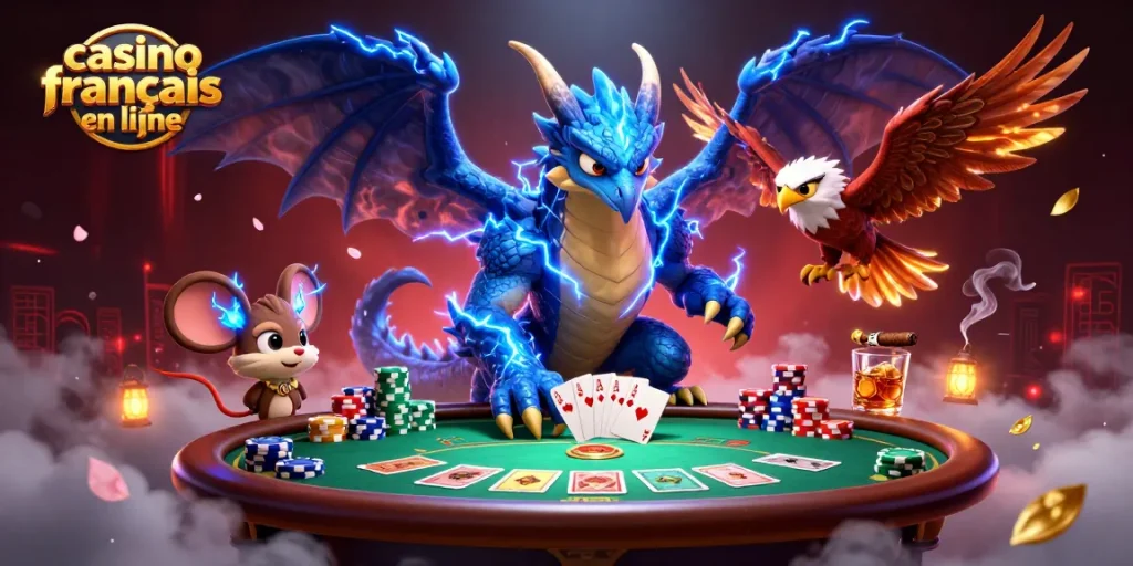 Jouez rapidement dans un casino français en ligne avec un dragon et des éléments de poker.