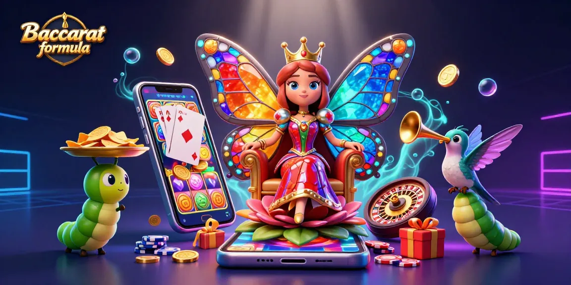 Baccarat formula illustration depicting a royal butterfly queen and casino elements like chips and playing cards.