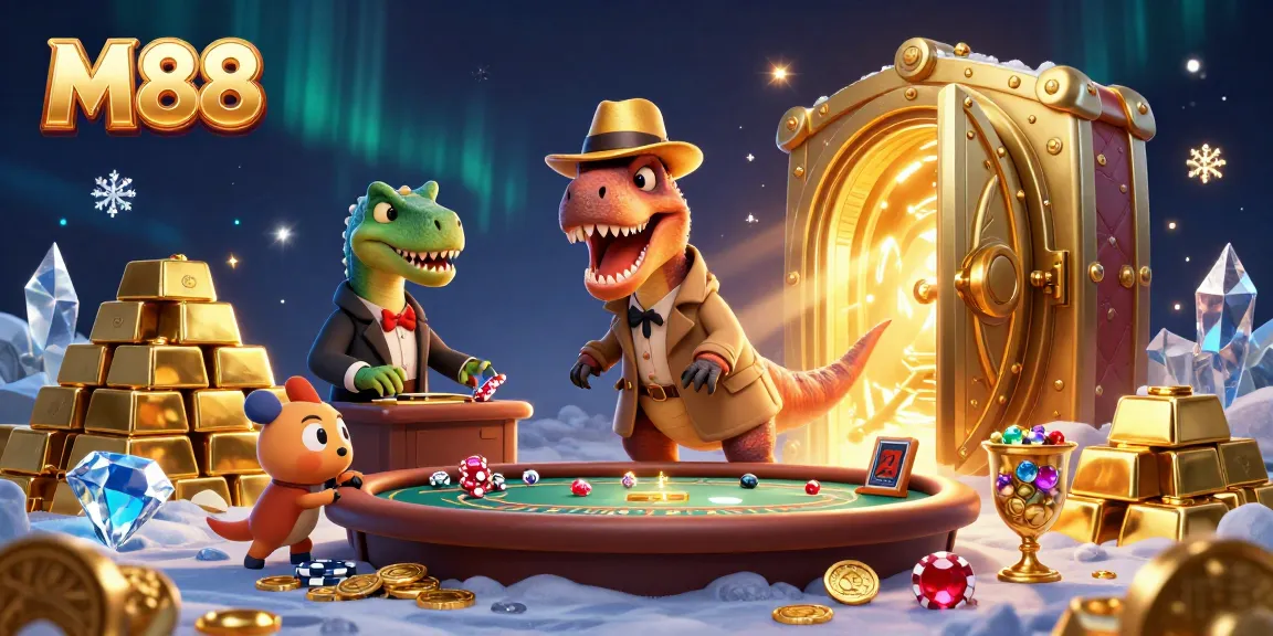 M88 captivates players with a cartoon velociraptor card counter and a stegosaurus pit boss at a blackjack table.