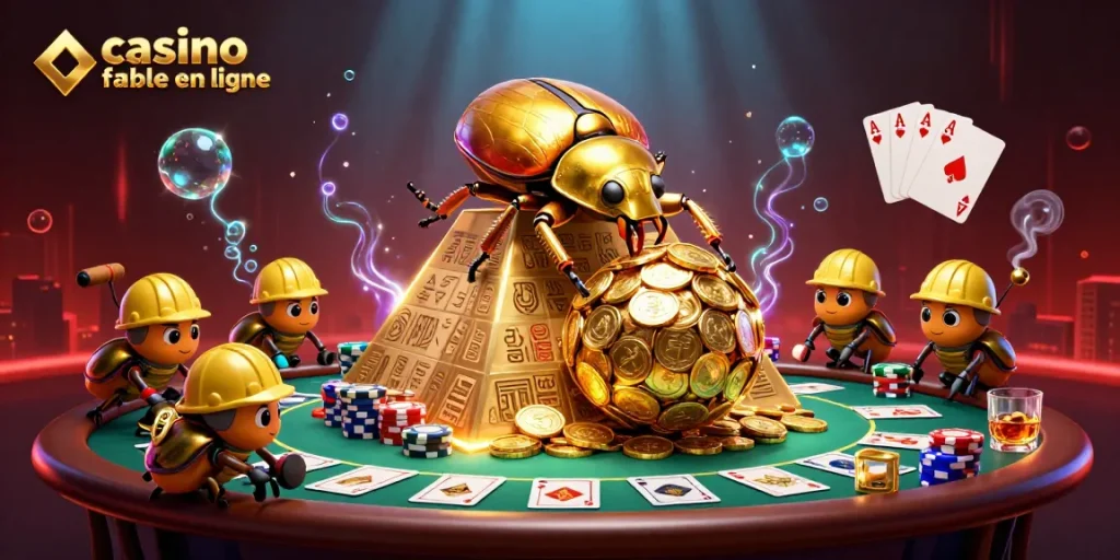 Visualisez un casino fiable en ligne animé par un scarabée doré et des éléments de poker vibrants.