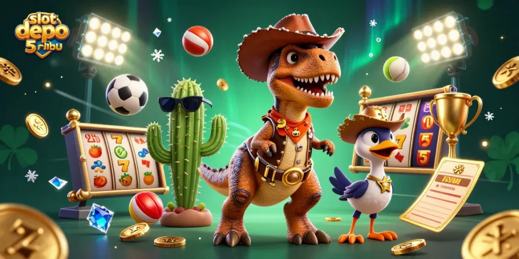 Experience winning with slot depo 5 ribu in this vibrant, dynamic casino illustration.
