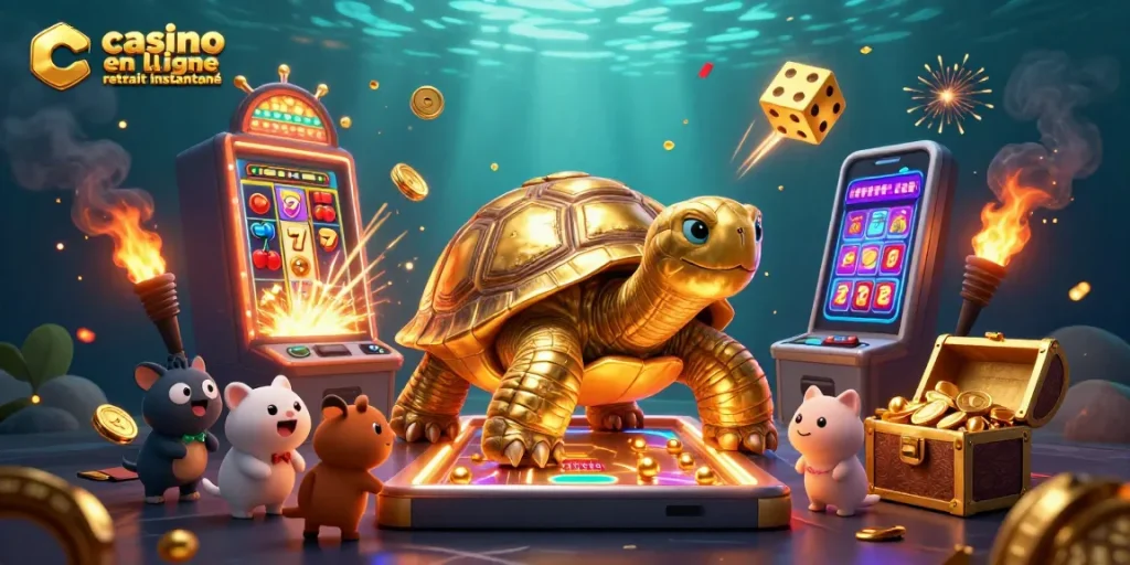 Profitez de jeux de casino en ligne avec retrait instantané animés par une tortue d'or au design unique.