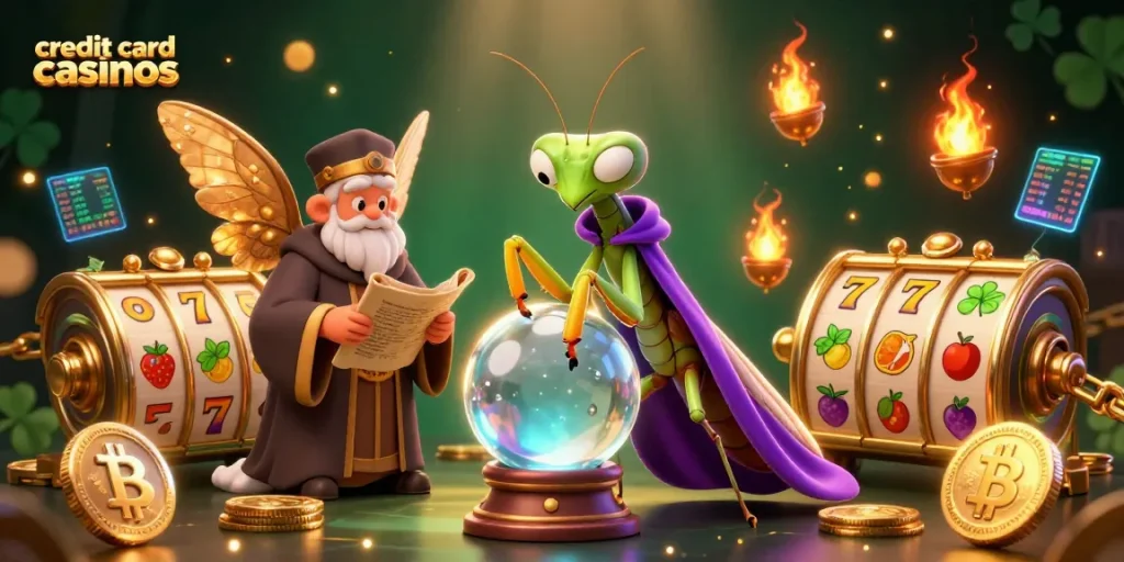 Play exciting games at credit card casinos with a lively artistic scene featuring fortune tellers and slots.
