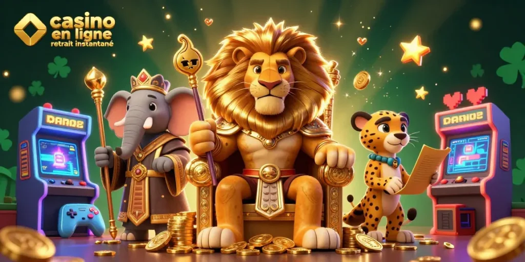 Célébrez le casino en ligne retrait instantané avec cette illustration dynamique montrant un roi lion, un éléphant sage et un guépard messager au cœur d'une scène de jeux colorés.
