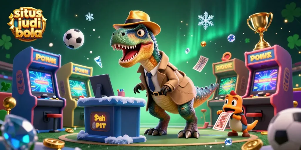 Watch the velociraptor cheat at sports betting in this vibrant illustration featuring situs judi bola elements.