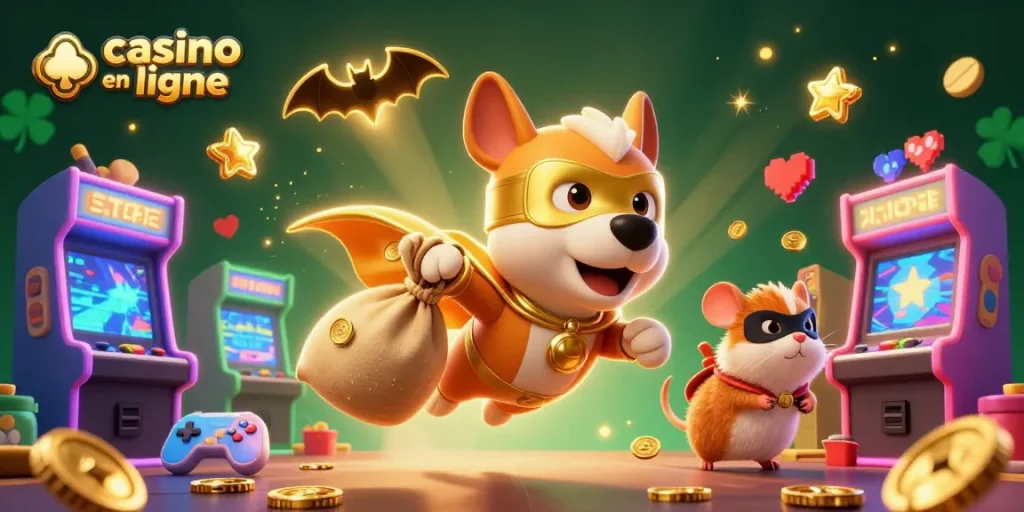 Découvrez des jeux captivants au casino en ligne avec un héros canin et des éléments de jeu colorés.