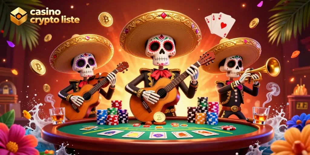 Jouer au casino crypto liste avec des banderoles colorées et des pièces de crypto-monnaie légendaires.