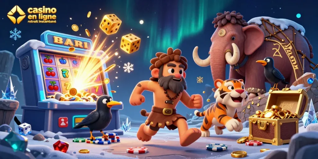 Casino en ligne retrait instantané : illustration captivante d'un casino préhistorique dynamique avec des personnages et éléments de jeu.