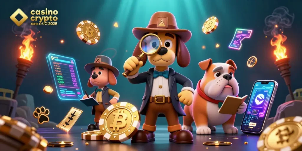 Image de casino crypto sans KYC 2026 avec un détective canin et des pièces de crypto-monnaie en arrière-plan.