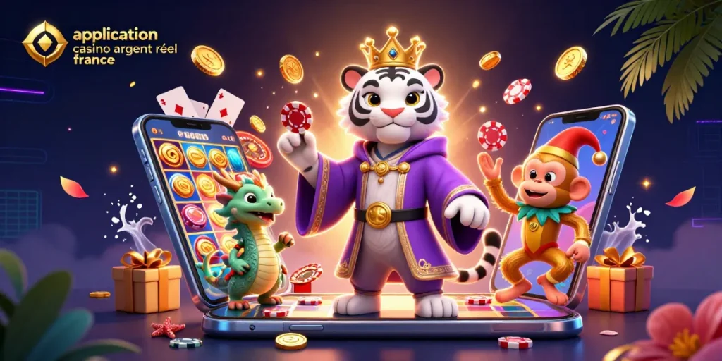 Application casino argent réel France : découvrez une illustration 3D captivante avec un tigre, un singe et un dragon.