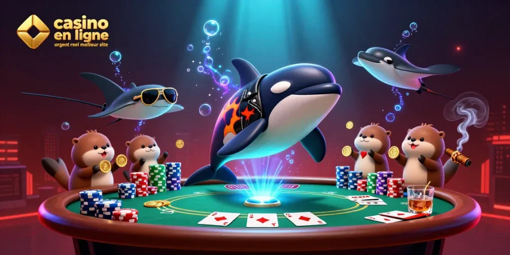 Un orque en cuir, une raie et des loutres flottent avec des pièces d'or, illustrant le casino en ligne argent réel meilleur site.