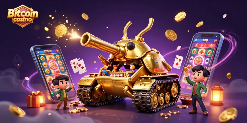 Jouez au Bitcoin casino avec une expérience immersive autour d'un tank en or rempli de jeux.