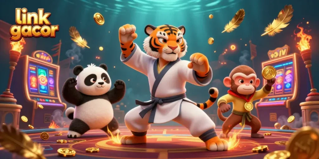 Experience excitement with link gacor in this vibrant 3D casino scene featuring playful characters and dynamic game elements.
