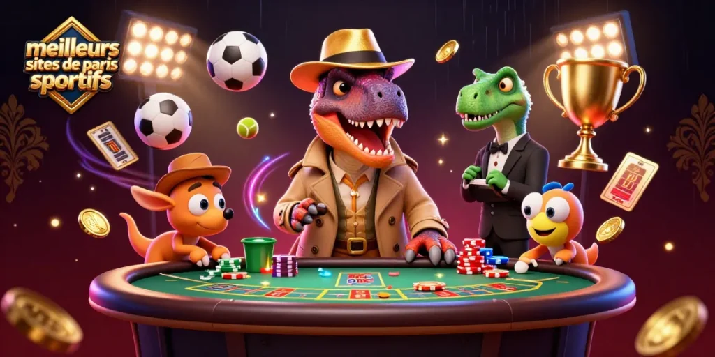 Animation d'un velociraptor jouant aux meilleurs sites de paris sportifs à une table de blackjack.