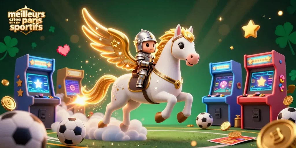 Action de parier sur les meilleurs sites de paris sportifs avec des éléments de jeux colorés et des personnages animés.