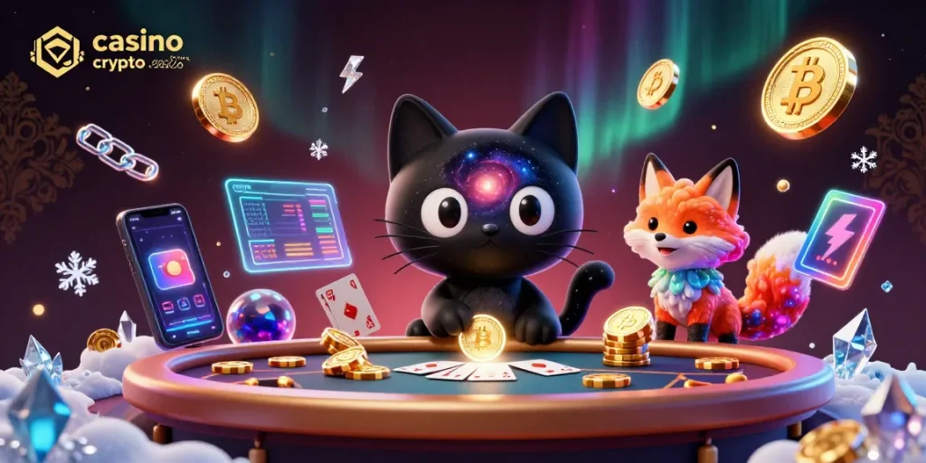 Illustration dynamique représentant le casino crypto sans KYC 2026 avec une atmosphère cosmique et des éléments de jeu