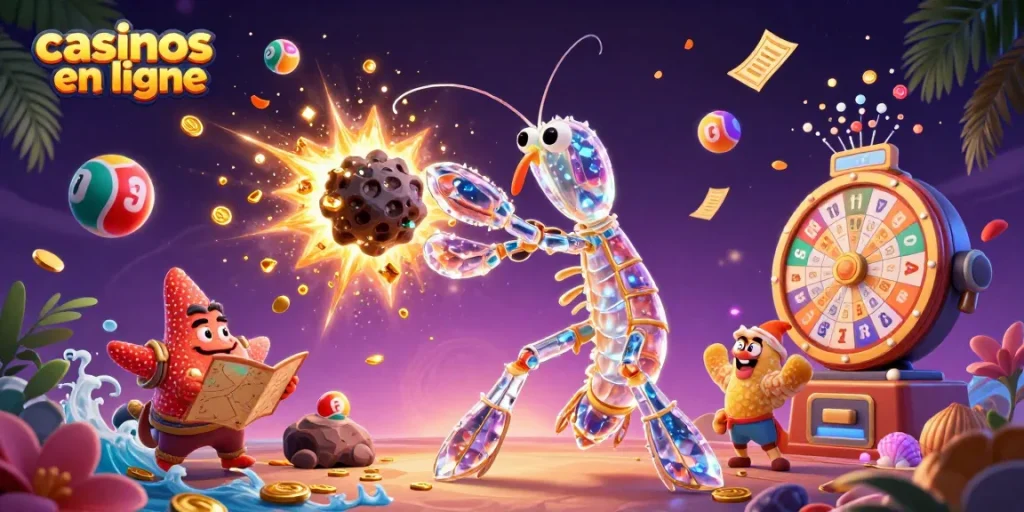 Explorez les casinos en ligne avec un samouraï et des cristaux précieux dans cette scène dynamique.