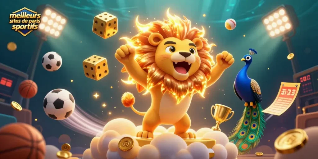 Découvrez les meilleurs sites de paris sportifs avec des éléments sportifs et un lion charismatique.