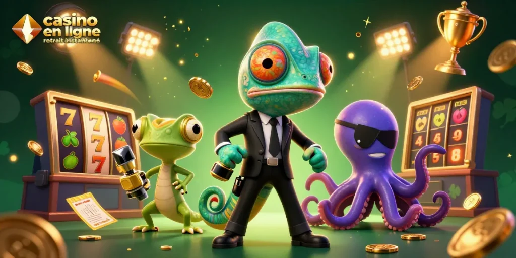 Image dynamique illustrant le casino en ligne retrait instantané avec un caméléon agent secret et une pieuvre