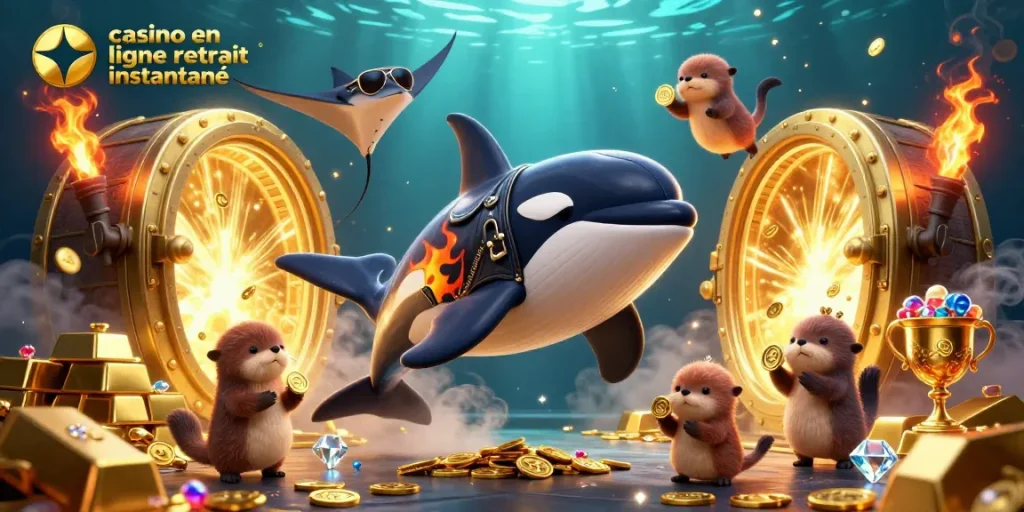 Gagnez des jackpots avec casino en ligne retrait instantané entouré d'animaux marins et de trésors en or.