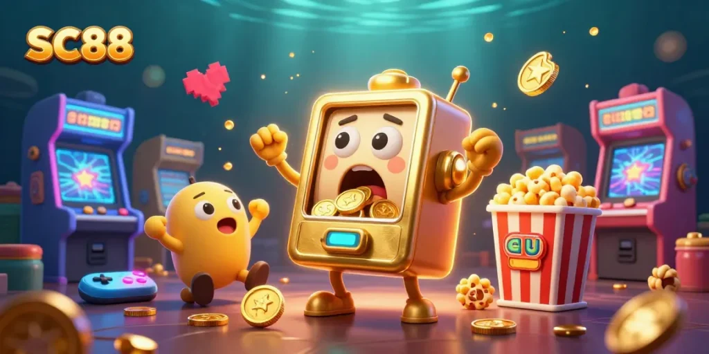 Engaging SC88 illustration of a golden slot machine celebrating a jackpot with cheering baby slots.