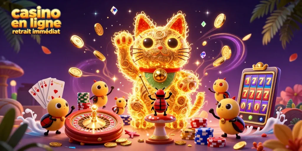 Jouez au casino en ligne retrait immédiat avec notre chat porte-bonheur animé et des jetons colorés.