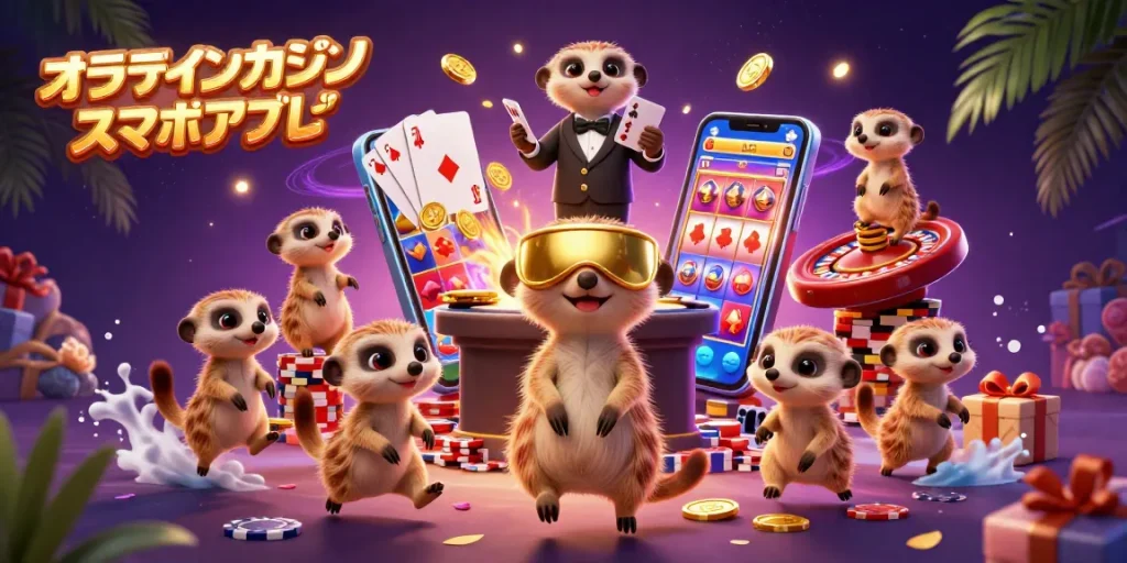 オンラインカジノ スマホ アプリを楽しむために、ミーアキャットたちがカジノでチップを操作している様子。