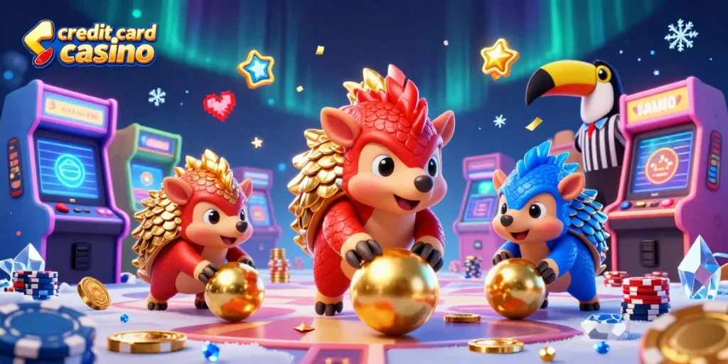 Rival pangolins compete in a colorful credit card casino environment, showcasing arcade elements and poker chips.