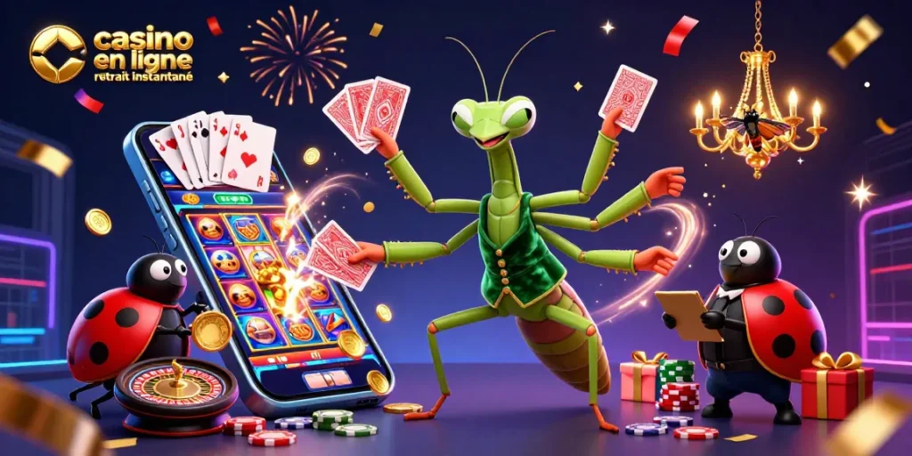 Engagez-vous dans le casino en ligne retrait instantané avec cette illustration vibrante et festive.