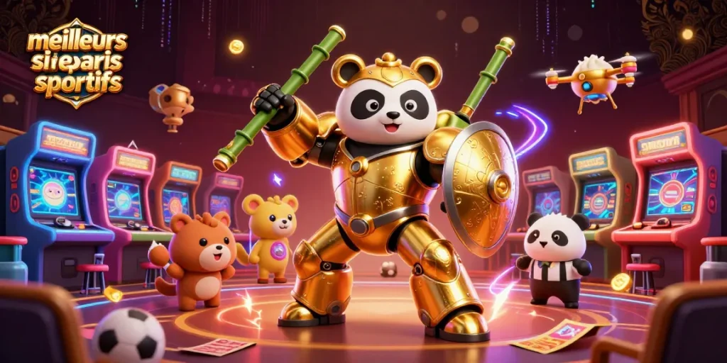 Les meilleurs sites de paris sportifs illustrés dans une arène dynamique avec un panda en mech-suit et des éléments de jeux d'arcade.