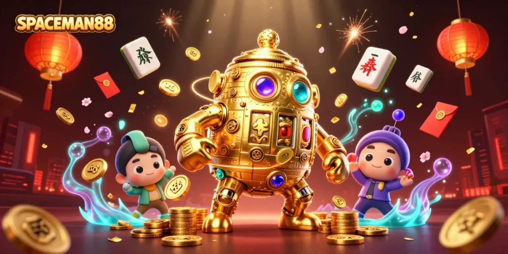 Engaging players with SPACEMAN88's dynamic scene of a golden golem and festive casino elements.
