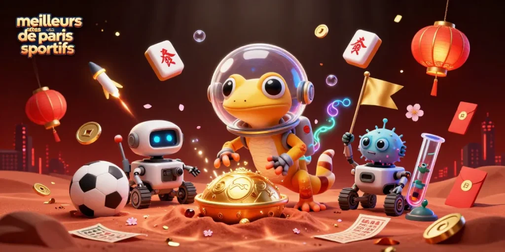 Visualisez les meilleurs sites de paris sportifs avec un gecko martien explorant un casino doré sur Mars.