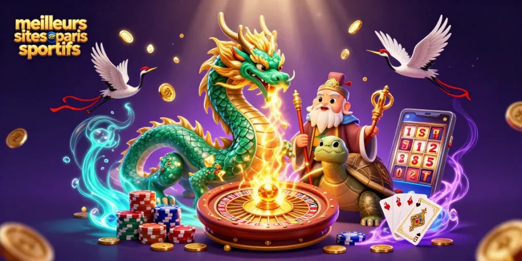 Illustration de dragons et sages, explorant les meilleurs sites de paris sportifs avec des jetons et des pièces d'or.