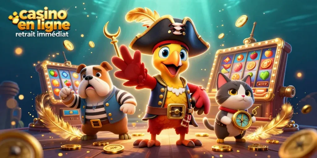 Obtenez des gains instantanés avec le casino en ligne retrait immédiat, mettant en scène un pirate et son équipage.
