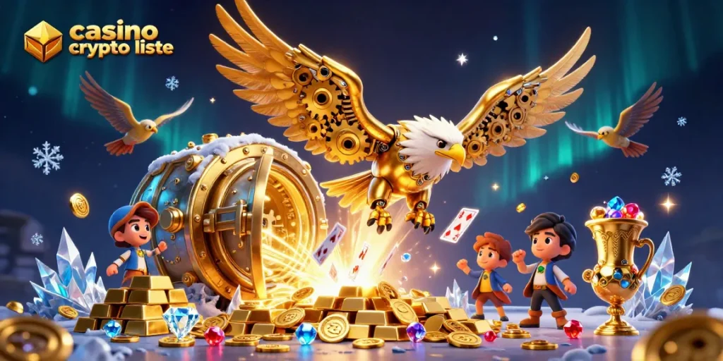 Image illustrant le concept de liste des casinos crypto avec un aigle doré cybernétique se plongeant à travers des cartes holographiques.